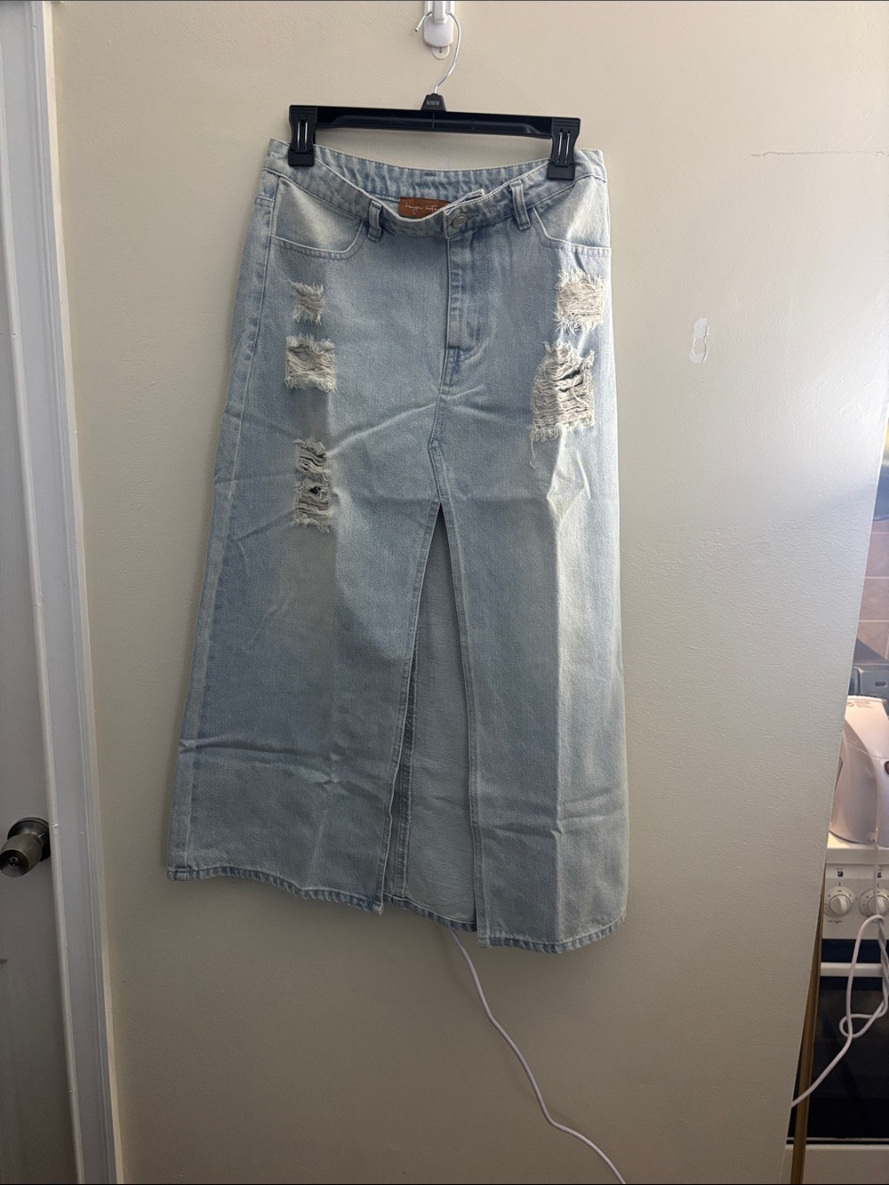 Distressed Light Blue Denim Maxi Skirt with Front Slit